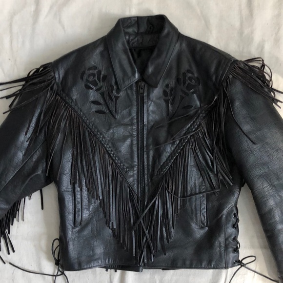 Real Leather Jackets \u0026 Coats | Vintage Fringed Black Rose Real Leather Motorcycle Jacket | Color: Black | Size: M | Sunshinemilw's Closet
